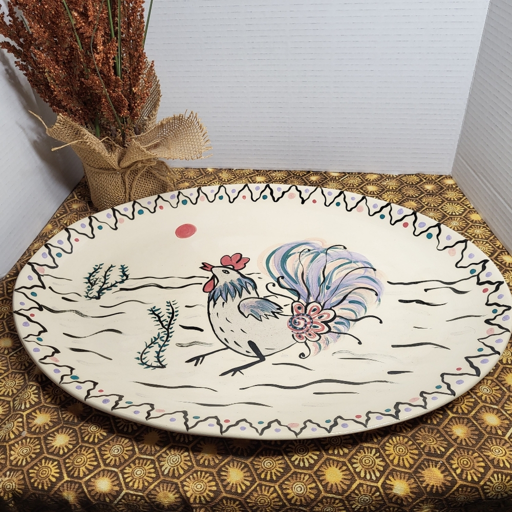 Hand Painted Oval Art Pottery Serving Platter Rooster